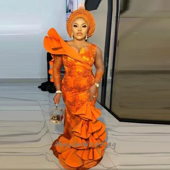 Prabangus Apelsinų Afrikos Nigerija Prom Dresses Su Ruffles Elegantiškas Zawalcowany Satin Ilgos Oficialaus Šalis Suknelė 