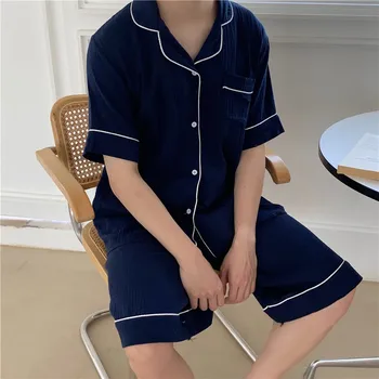 Tamsiai Mėlyna Vasaros Pižama Nustatyti Moterys Viena Breasted Marškinėliai + Šortai Nustatyti Dviejų Dalių Namo Kostiumas Korėjos Atsitiktinis Medvilnės Sleepwear