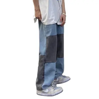 Naują Pavasario Rudens Harajuku Jeans vyriški Tiesios Kelnės Derliaus Patchworked Pločio Kojų Kelnės Prarasti Punk Kelnės Streetwear