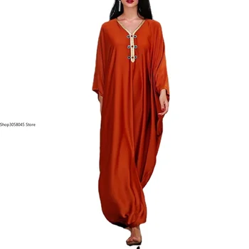 2021 m. Vasarą Naujas Mados Musulmonų Orange Phnom Penh Rankų darbo Duobute Prarasti Atsitiktinis Šikšnosparnių Rankovėmis Moterų Suknelė su V-kaklo Apsiaustu