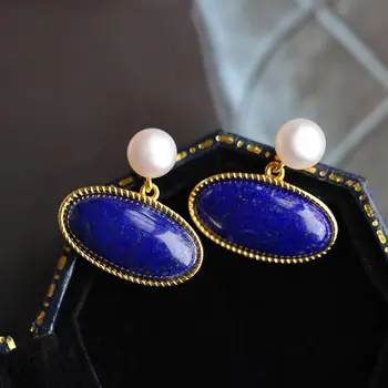 Naujas kūrybinis dizainas inkrustacijos pearl lazuritas ovalo moterų auskarai prabangus retro spalvingas meno papuošalai, aksesuarai