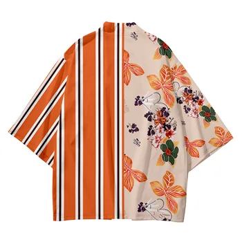 Plus Size 5xl 6XL Oranžinės spalvos Dryžuotas Paplūdimio Harajuku Japonijos Mados Kimono Vyrų, Moterų Megztinis Haori Obi Azijos Drabužių Ziajać