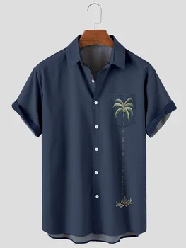 Nauji vyriški Tamsiai Mėlynos spalvos Marškiniai Kokoso Medžio Havajų Atsitiktinis Palaidų Plius Dydis Mygtuką Trumpas Rankovės Kišenėje Viršūnės Vasarą