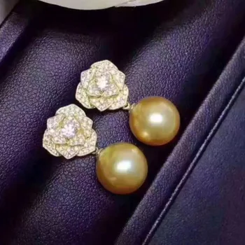 spalvingas 10.5-11mm pietų jūros raundo aukso perlo auskaru GELTONOJO AUKSO