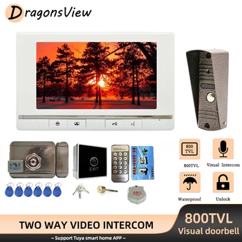 DragonsView Video Namų Domofonas su elektrine Spyna 800TVL IP65 Lauko durų skambutį Kamera 7 Colių Laidinio lauko Durų Telefono Sistema