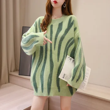 Moterų Drabužiai 2021 Korėjos Mados Elegantiškas Juostelės Spausdinti Laisvi Megztiniai Moterims, Negabaritinių Ilgai Puloveriai Streetwear Viršutinių Drabužių Siuvimas