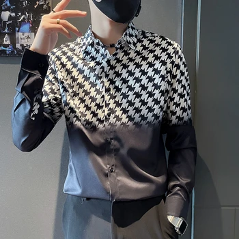 2022 m. Rudenį Houndstooth vyriški Marškiniai ilgomis Rankovėmis Slim Fit Verslo Atsitiktinis Marškinėliai Socialinės Šalis Smokingas Streetwear Vyrų Drabužiai.