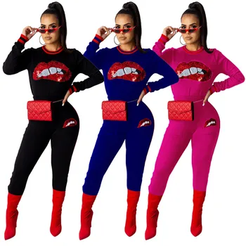 Rudens-žiemos mados raudonų lūpų 2 dalių rinkinys moterims laisvalaikio kostiumas ilgomis rankovėmis, o ant kaklo viršuje ir kelnės bodycon sweatsuit dviejų dalių komplektas