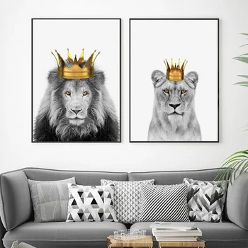 Gyvūnų Black ir White Lion Karalienė su Karūna Plakatas ir Spausdina Sienos Meno Tapybos Drobės Nuotraukos Kambarį Namo Apdaila