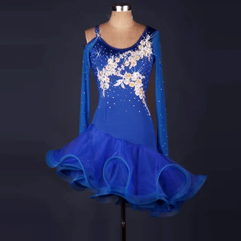 Mados lotynų Šokių Suknelė Mergaitėms Mėlyna ilgomis Rankovėmis lotynų Šokių Kostiumus Moterims Diamond lotynų Suknelės Mergaitėms Konkurencijos