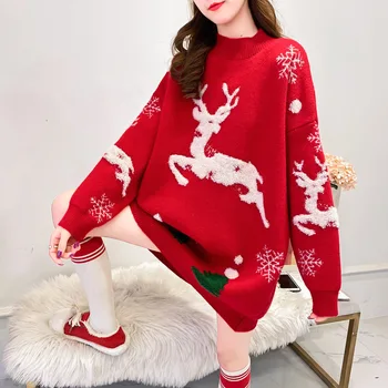Qiu dong sezoną daugiau naujų raudona Kalėdinis megztinis moteriška ištižęs yra tingus vėjas ne iš žakardo knits