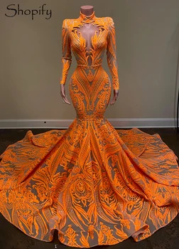 Ilgomis Rankovėmis Aukštu Kaklu Ilgai Prom Dresses 2022 Seksualus Mermaid Stiliaus Orange China Afrikos Blacl Merginos Prom Chalatai Gala
