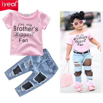 IYEAL Bamblys Baby Girl Komplektus Medvilnės Laišką, Print T - Shirt Mielas Skylę Džinsai Vaikams Džinsinio audinio Kelnės Rinkinys Kūdikiams, vaikiški Drabužiai, Kostiumai