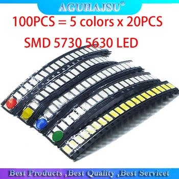 100VNT = 5 spalvas x 20PCS SMD 5630 5730 LED Diodų Asortimentą KIT LED Diodų Rinkinys, Žalia / RAUDONA / Balta / Mėlyna / Geltona
