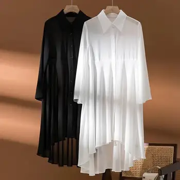 Šifono Ilgai Moteris Balti Marškiniai Vasaros Naujo Dizaino 2022 Turn-Žemyn Apykaklės Ilgomis Rankovėmis Tiesiai Elegantiškas Office Lady Outwear Viršūnės