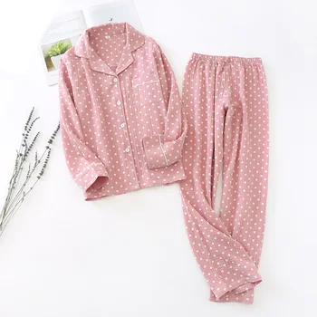 Pavasarį ir Rudenį Naujas Vyrų ir Moterų Mėgėjams Pižama Nustatyti Dot Spausdinti Paprastas Stilius Turn-Žemyn Apykaklės Sleepweear Visą Medvilnės Homewear