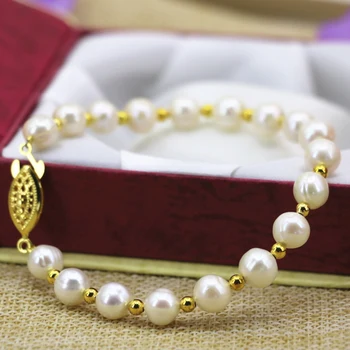 7-8mm natūralios baltos spalvos dirbtiniu būdu išaugintų perlų karoliukus, kryptis užsegimas bangle apyrankės moterims aukso spalvos tarpiklius 