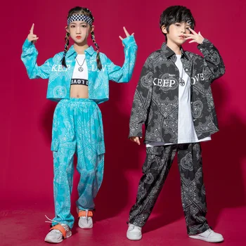 Vaikas Kpop Hip-Hop Drabužių Geometrijos Spausdinti Marškinėliai Pasėlių Viršuje Streetwear Didelis Juosmens Baggy Krovinių Pants Mergaitė Berniukas Džiazo Šokio Kostiumas
