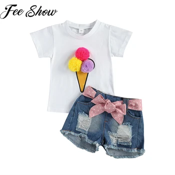 Vaikų Mergaičių Drabužių Nustatyti Vasaros Kostiumas 3D Pompom Ledų T-Shirt Kankina Džinsinio Šortai Vaikams Outwear 2 3 4 5 6Year Medvilnės Apranga