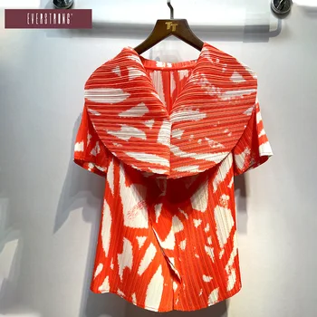 Miyake plisuotos nišą dizaino vasaros trumparankoviai laisvi marškinėliai moterų top atsitiktinis V-kaklo, plisuotos red top marškinėliai