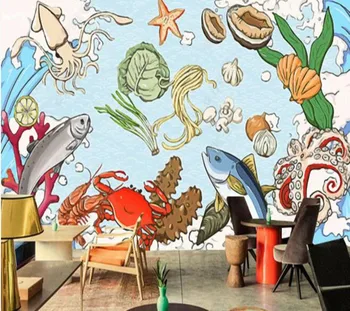 Papel de parde Ranka-dažytos jūros gėrybių temą žuvų, omarų, krabų karštą puodą ant grotelių keptos žuvies parduotuvė 3d tapetai,alaus namai, virtuvė, sieniniai