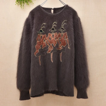 Elegantiška vintage moterų žiemos fuzzy plaukuotas megztos iš angoros triušių vilna appliques prarasti ilgomis rankovėmis mink kašmyro megztinis (puloveris)
