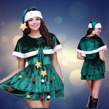 Cosplay Kalėdų Eglutė Kostiumas Kalėdų Kostiumas moterims Kalėdų šalis suknelė, kostiumas su skrybėlę