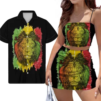 Mados Jamaika Liūtas Dizainas Drabužių Pora Moterų Apynasrio Viršuje Mini Sijonas Nustatyti Plus Vyrų Paplūdimio Marškinėliai Atsitiktinis Pora Streetwear