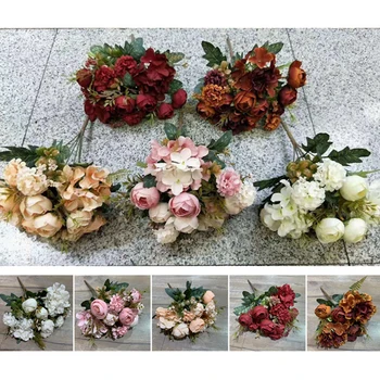 Rudenį Netikrą Arbata, Rožė, Bijūnas su Hydrangea Šilko Gėlės 12 vadovai Dirbtinio Plastiko Gėlių Puokštės, Vestuvių Namų Puošybai