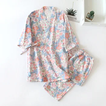 Vasarą V-Kaklo Trys Ketvirtį Medvilnės Kimono Pižama Mielas Gėlių Spausdinti Pijama Mujer Visas Ilgis Sleepwear 2 Gabalas Namų Drabužiai