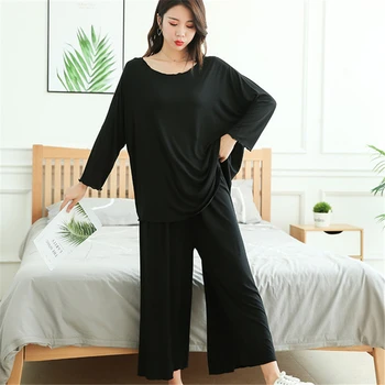 pižama namų paslauga atitiktų moterų pavasarį ir rudenį riebalų mm prarasti ilgomis rankovėmis juoda pižama plataus kojų kelnės dviejų dalių