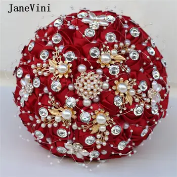 JaneVini Naujas Elegantiškas Perlai Satino Rožė Tamsiai Raudona Nuotakos Puokštė Dirbtinis Vestuvių Puokštės su Deimantu, Bouquet De Fleur Mariage