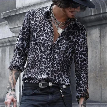 vyro marškinius Leopardas spausdinti ilgomis rankovėmis marškinėliai mados High street banga Kietas derliaus havajų marškinėliai vyrams Streetwear 2021new