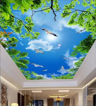 3d lubų freskos tapetai pasirinktinius nuotraukų mėlynas dangus, balti debesys žali lapai žuvėdros Tapetai sienos kambarį namų dekoro