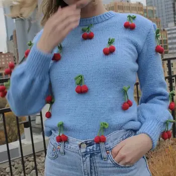Rudenį, Žiemą Europos Mados Rankų darbo Nerti 3D Cherry O-Kaklo Megztinis Megztinis Mėlyna Saldus Mielas Megztinis Viršuje Drabužius 2021 Naujas