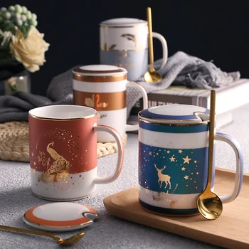 Šiaurės šalių keramikos puodelis creative vandens puodelį namų puodelis su dangteliu šaukštas asmenybės tendencija kavos puodelio arbatos elnias taurės juokinga dovana CL82602
